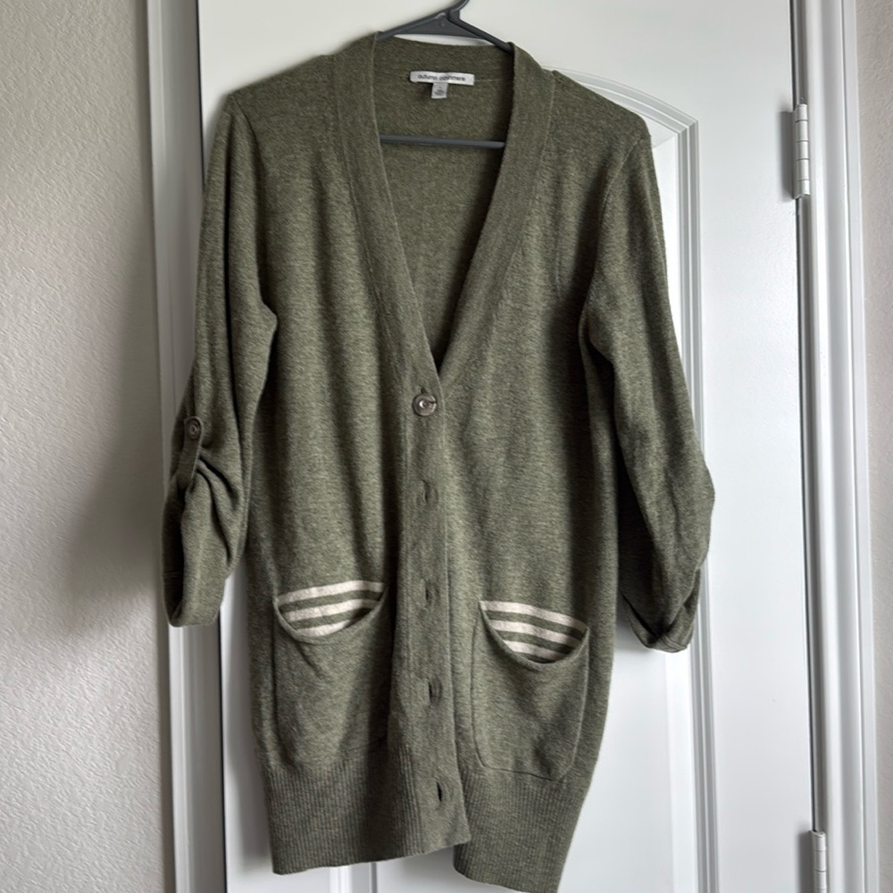 Autumn Cashmere Olive Green Button Front Cashmere Cardigan Sweater Roll Tab